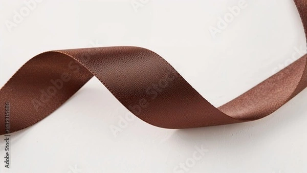 Fototapeta Macro shot of a lustrous brown satin ribbon on a plain white surface