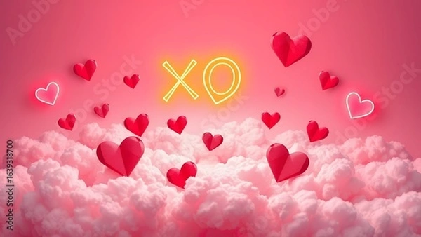 Fototapeta Elevated Valentine's Day Greeting with Pink Clouds and Floating Heart XO