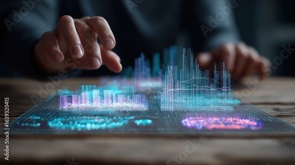 Fototapeta Futuristic Data Visualization with Hands Interacting with Graphs
