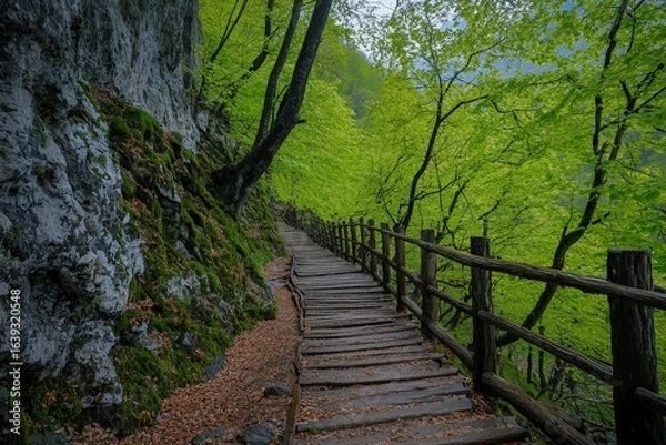 Fototapeta Walkway in a green spring beech forest beautiful, landscape