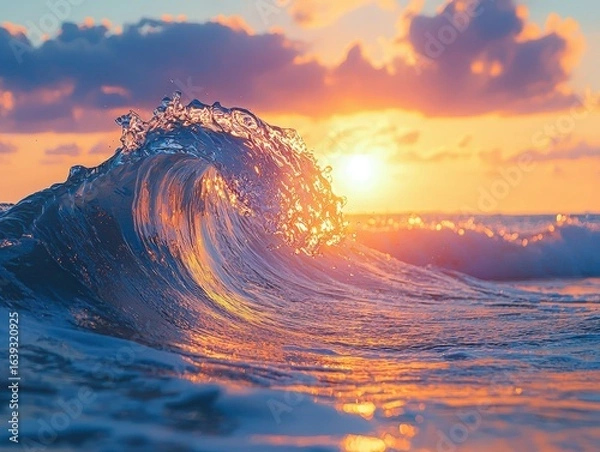 Fototapeta Clear sea wave in crest shape, sunset light and beautiful clouds on background