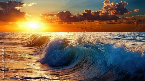 Fototapeta Clear sea wave in crest shape, sunset light and beautiful clouds on background