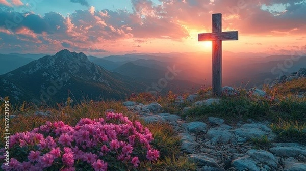 Fototapeta Christian cross on a background with dramatic lighting, colorful mountain sunset