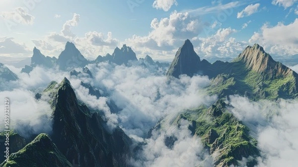 Fototapeta Breathtaking panorama of towering mountain peaks, surrounded by clouds and a clear blue sky
