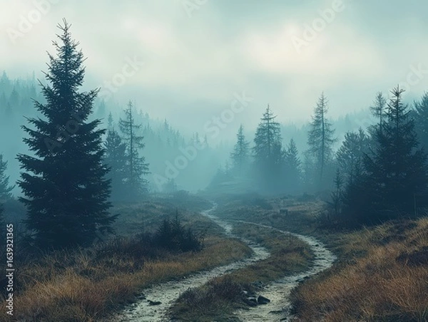 Fototapeta Brumous elevation countryside with mystical fir-tree timberland in haze