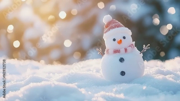 Fototapeta Snowman on snow, christmas winter background with snow and blurred bokeh landscape
