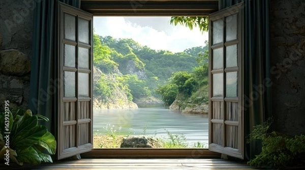 Fototapeta View from window at a wonderful beautiful landscape nature panorama