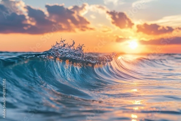Fototapeta Clear sea wave in crest shape, sunset light and beautiful clouds on background