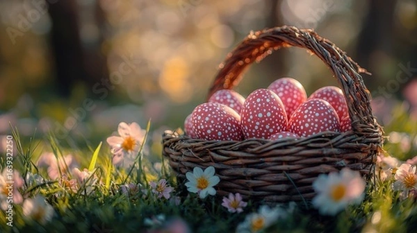 Fototapeta Easter painted eggs in basket on grass in sunny orchard