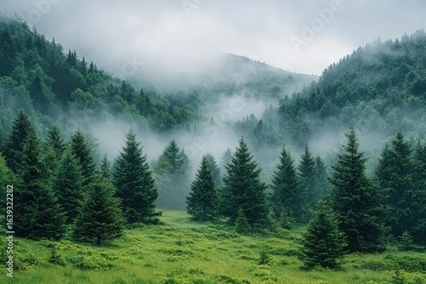Fototapeta Misty mountain landscape with mysterious fir forest in fog