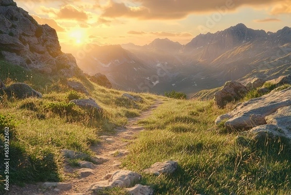 Fototapeta Beautiful sunset on mountain with trail leading up side, trail is surrounded by grass and rocks