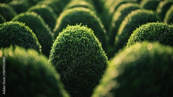 Fototapeta English garden trees bushes trimmed in geometric correct shapes landscape design