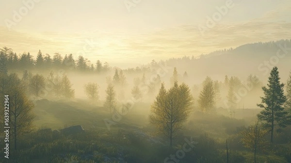 Fototapeta Brumous elevation countryside with mystical fir-tree timberland in haze