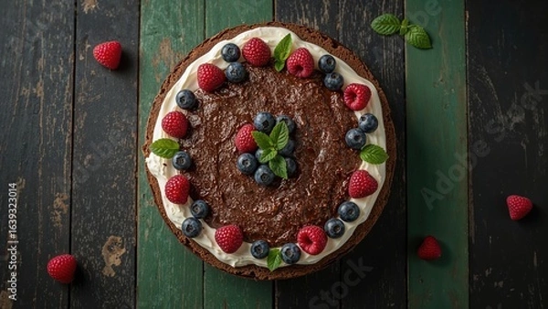 Fototapeta No-Bake Chocolate Cake Featuring Cream Cheese And Fresh Berry Garnish On Colorful Pine Boards