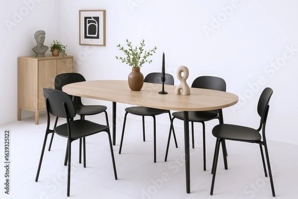 Obraz Modern Dining Room Setting with Oval Wooden Table, Black Chairs, and Minimalist Decor Accents