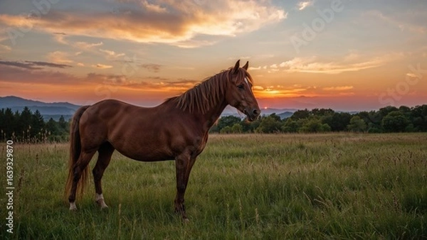 Obraz Beautiful landscape of an animal grazing on grass with a vibrant sunset