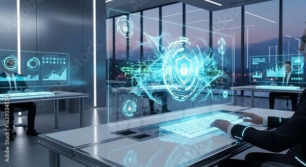 Obraz Futuristic holographic interface with data visualization in modern office