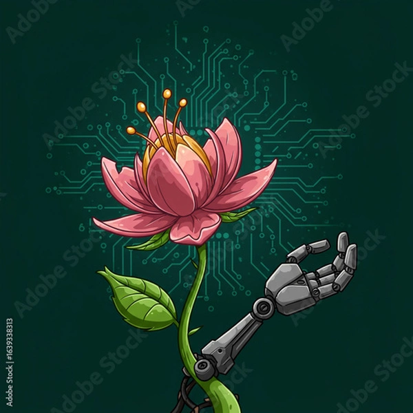 Fototapeta Close-up: Flower stem transforms to robotic arm with digital bloom, 8k detail.