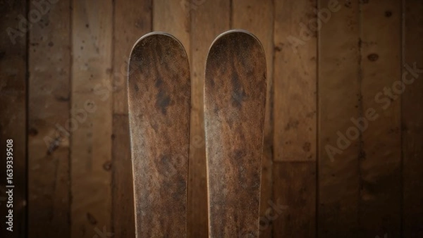 Fototapeta Antique timber skis placed on a wooden backdrop