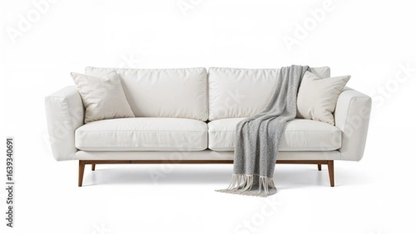 Fototapeta Elegant and snug white lounge sofa with pillows and a cover, displayed on a neutral background. Interior furniture item. Design feature.