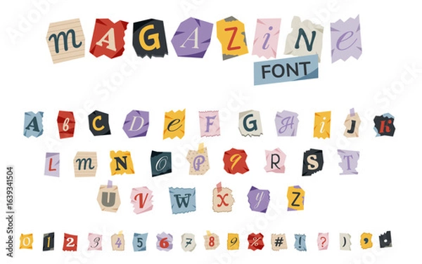 Fototapeta Magazine font. Letters and numbers cut from newspapers and magazines. Anonymous, ransom, magazine, newspaper alphabet.