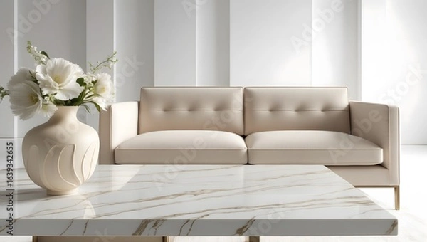 Fototapeta Minimalist interior featuring soft lighting, a boucle chair, and sculptural decor. A blend of modern elegance and tranquility.