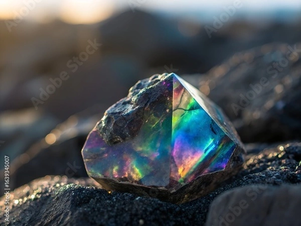 Fototapeta Iridescent Gemstone on Dark Volcanic Rocks at the Beach