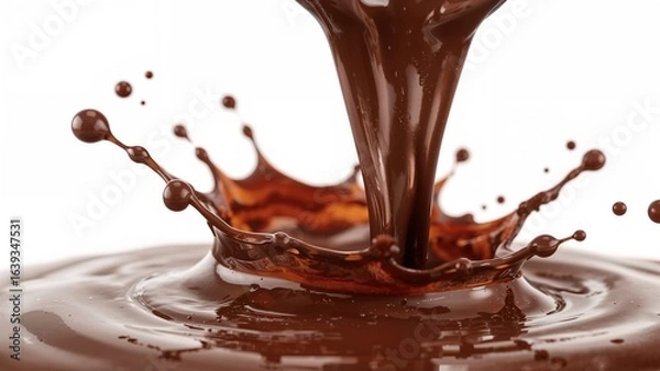 Fototapeta Close-up of flowing chocolate cocoa on a white backdrop