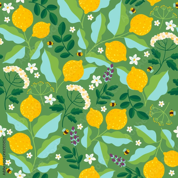 Fototapeta Cute Kawaii Printable Seamless Pattern, Lemon Fruit and Leaf, Digital Paper PNG Illustration for Small Business Use