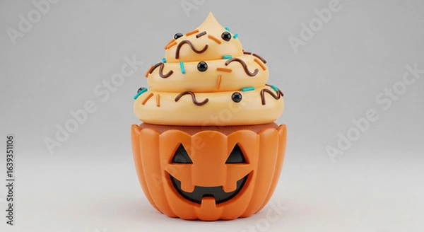 Fototapeta A halloween themed cupcake with orange pumpkin base and frosting with sprinkles on a white background