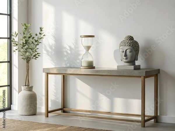 Fototapeta Modern Minimalist Console Table with Buddha Statue and Hourglass in a Sunlit Room