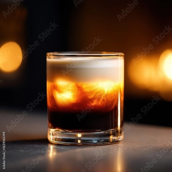 Fototapeta Layered cocktail, ice, dark bar, bokeh lights, night