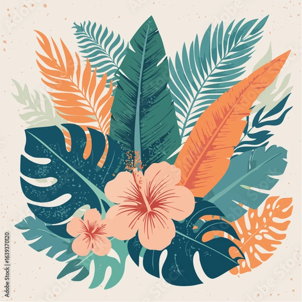 Fototapeta Tropical jungle risograph canvas print with large monstera leaves, palm fronds, hibiscus flowers, and bright vibrant colors