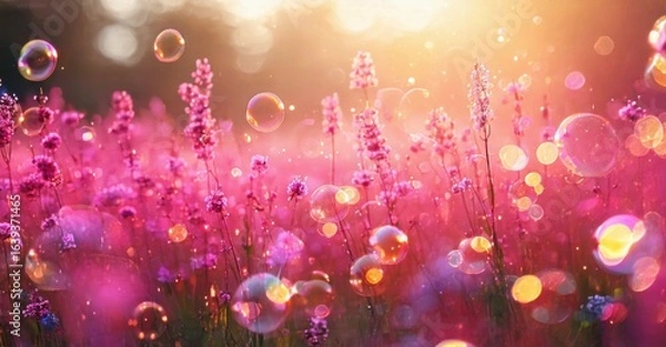 Fototapeta Vibrant lavender field, glowing bubbles, warm sunlight. Dreamy, soft focus creates magical atmosphere. Beautiful floral scene.