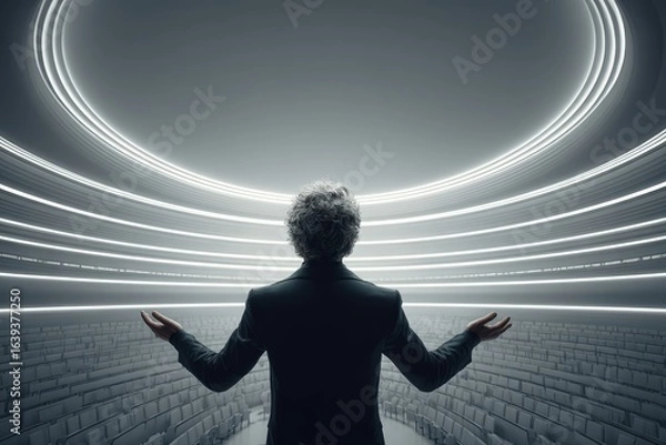 Fototapeta Visionary leader presenting innovative ideas in futuristic auditorium with dramatic lighting and modern design
