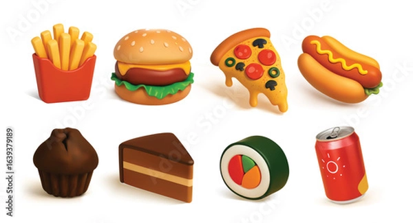 Obraz 3D Vector Icons of Fast Food in Cartoon Style