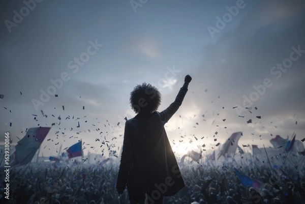Fototapeta Inspiring silhouette of a person raising fist amidst crowd and flags at a powerful public rally, symbolizing unity, strength, change, and social activism in a vibrant setting