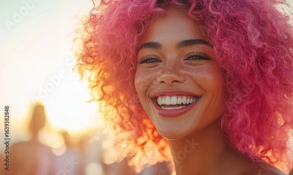 Fototapeta Happy candid mixed-race woman with pink curly afro hair laughing at a summer office party after work drinks. Celebrating Pride at a golden hour event, Generative AI