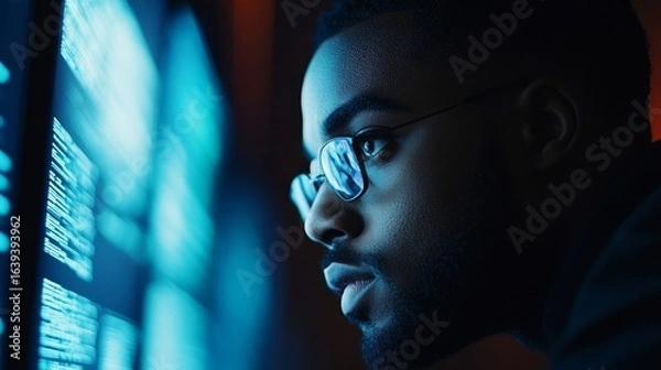 Fototapeta Side profile of a black IT ethical hacker software developer working on a computer in a dark office. African American AI cybersecurity analyst detecting artificial intelligence threats, Generative AI
