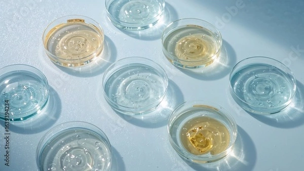 Fototapeta Cosmetic study with serum samples in petri dishes on pastel blue surface