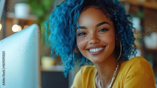 Fototapeta Happy African American female office employee with blue hair working at a computer, smiling and bonding with colleagues in a creative office during a virtual meeting. DEIB initiative, Generative AI