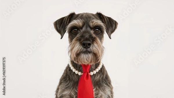 Obraz Stylized images of schnauzers in pearls and red neckties, photographed in a studio with a blurred white background.