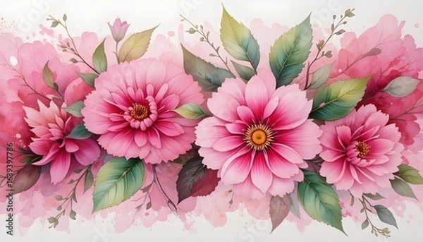 Obraz Pink Floral Wash Painting in Watercolor with Green Leaves