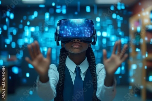 Fototapeta Black female school student with VR headset using AI technology and machine learning. Interactive classroom technology fostering innovation and smart tech with AI blue hologram, Generative AI