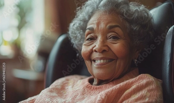 Fototapeta Happy senior black woman in a wheelchair in a nursing home, smiling while being cared for by a nurse in a hospice. A serene moment in elderly care, Generative AI