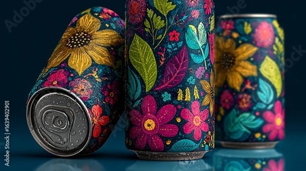 Fototapeta Three vibrant floral patterned soda cans arranged closely together on a dark blue background