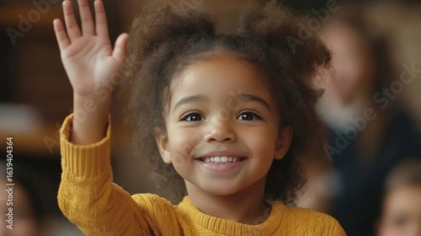 Fototapeta Happy black female school student raising her hand to answer the teachers question in a fun educational lesson. Candid African American bright child volunteering in class. Emphasizing, Generative AI