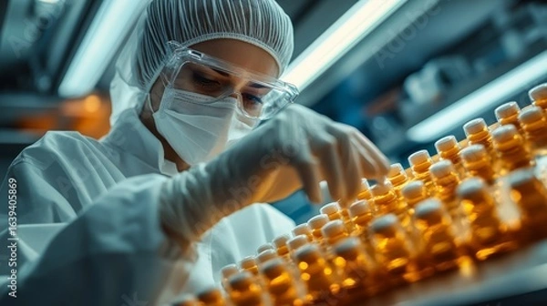 Fototapeta Healthcare lab scientist in a white protective suit and gloves examining medication in a pharmaceutical drug factory mass-producing over-the-counter medicine, Generative AI