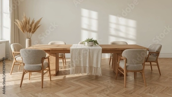 Fototapeta Elegant wooden dining table set with comfortable chairs in a modern home interior design featuring natural light and decorative elements