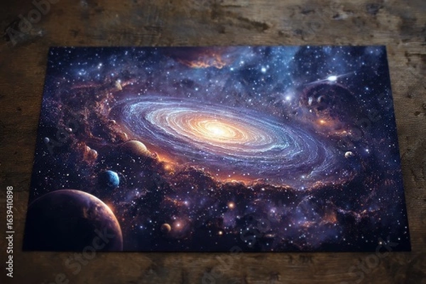 Fototapeta Spiral Galaxy Artwork on Wooden Table, Space Exploration Poster